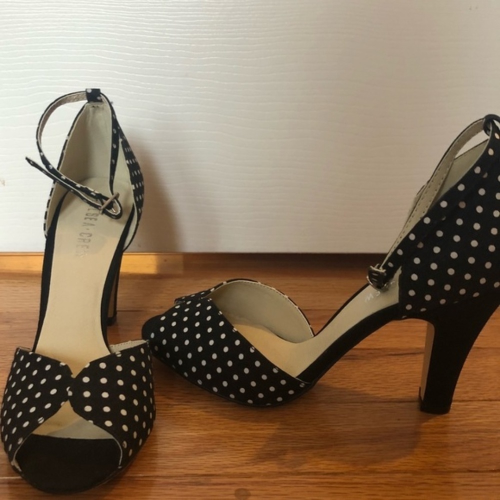 Chelsea Crew  Polka dot peep toe ankle strap heels
